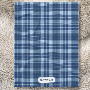 Monogrammed Blue Plaid Rustic Preppy Pattern Cosy Fleece Blanket