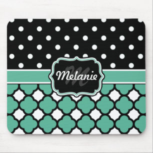 Monogrammed Blue Quatrefoil Lattice Polka Dot Mouse Pad