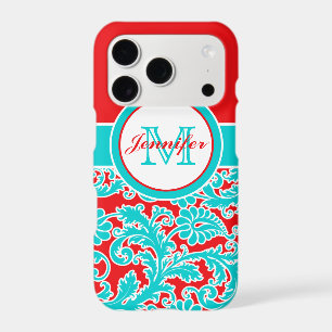 Monogrammed Blue, Red, White Damask iPhone 11