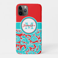 Monogrammed Blue, Red, White Damask iPhone 11