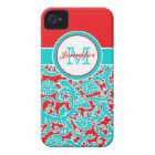 Monogrammed Blue, Red, White Damask iPhone 4