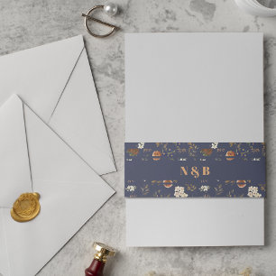 Monogrammed Blue Rust Floral Wedding Invitation Belly Band