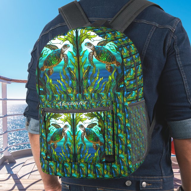Monogrammed Blue Sea Turtles Stain Glass look Printed Backpack (Creator Uploaded)