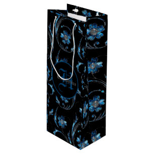 Monogrammed Blue Shimmer Floral 2 Wine Gift Bag