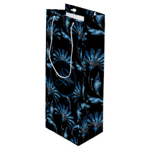 Monogrammed Blue Shimmer Floral Wine Gift Bag
