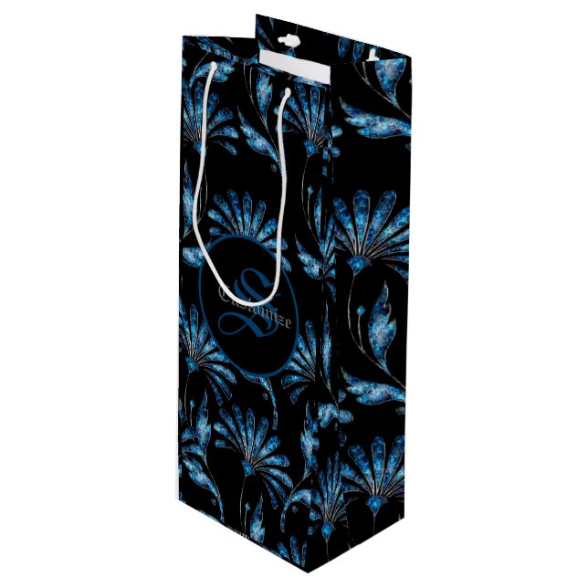 Monogrammed Blue Shimmer Floral Wine Gift Bag (Front Angled)
