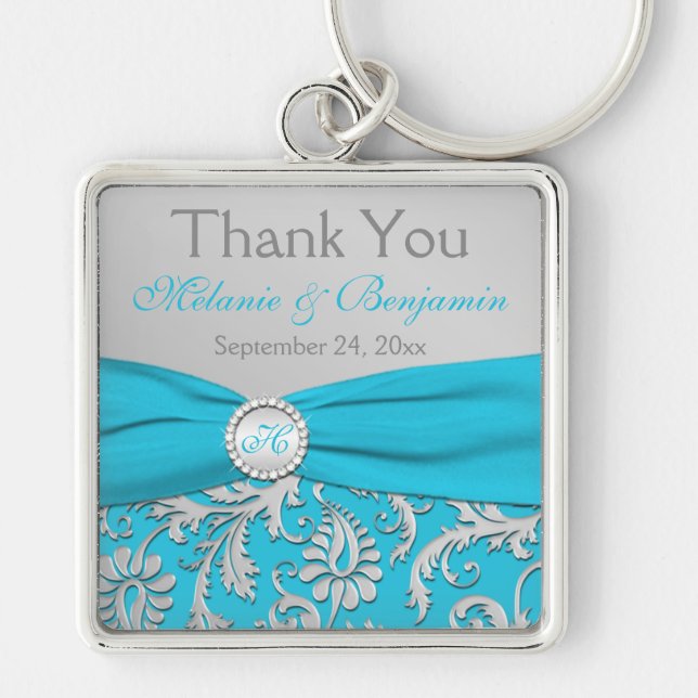 Monogrammed Blue, Silver Wedding Favor Key Chain (Front)