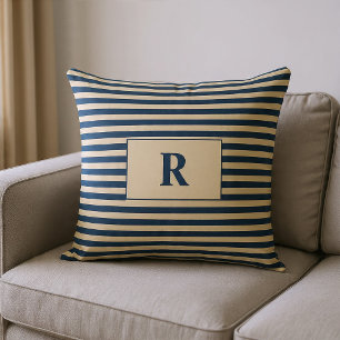 Monogrammed Blue/Vanilla Stripes Cushion