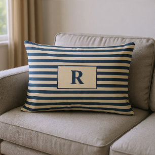 Monogrammed Blue/Vanilla Stripes Lumbar Cushion