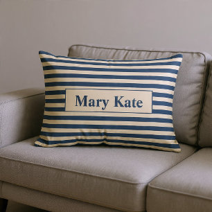 Monogrammed Blue/Vanilla Stripes Lumbar Cushion