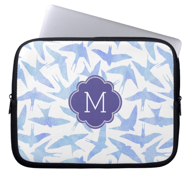 Monogrammed Blue Watercolor Birds Pattern Laptop Sleeve (Front)
