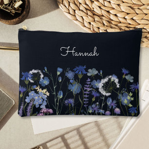 Monogrammed Blue Watercolor Wildflower Accessory Pouch