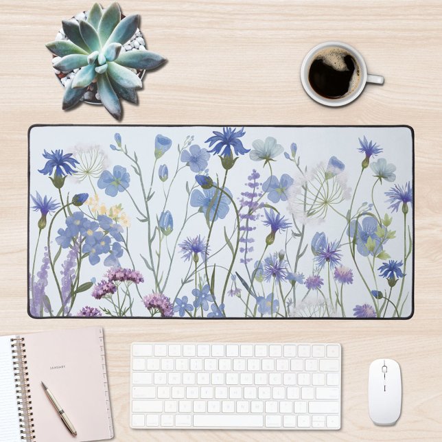 Monogrammed Blue Watercolor Wildflower Garden Desk Mat (In situ office desk)