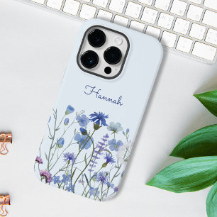 Monogrammed Blue Watercolor Wildflower Garden iPhone 16 Pro Max Case