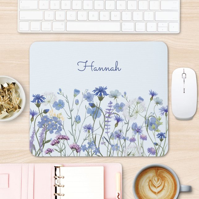 Monogrammed Blue Watercolor Wildflower Garden Mouse Pad (In situ office desk)