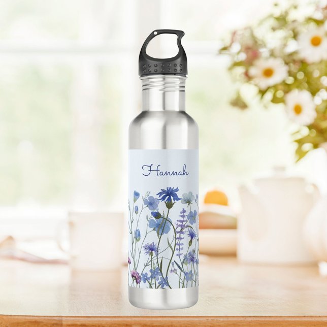 Monogrammed Blue Watercolor Wildflower Meadow 710 Ml Water Bottle (In situ)