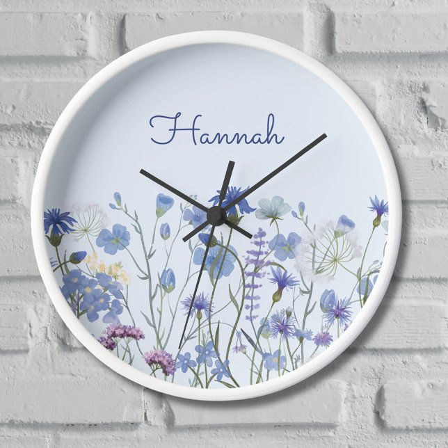 Monogrammed Blue Watercolor Wildflower Meadow Clock (In situ wall)