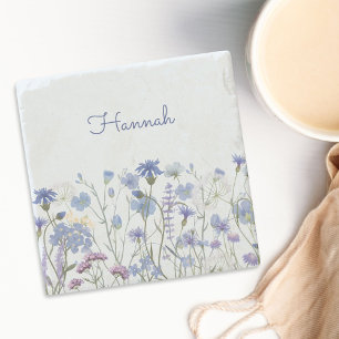Monogrammed Blue Watercolor Wildflower Meadow Stone Coaster