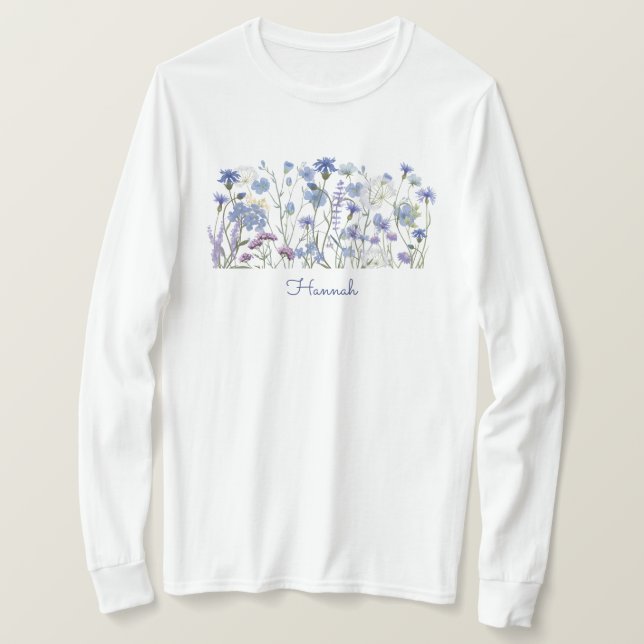 Monogrammed Blue Watercolor Wildflower Meadow T-Shirt (Design Front)