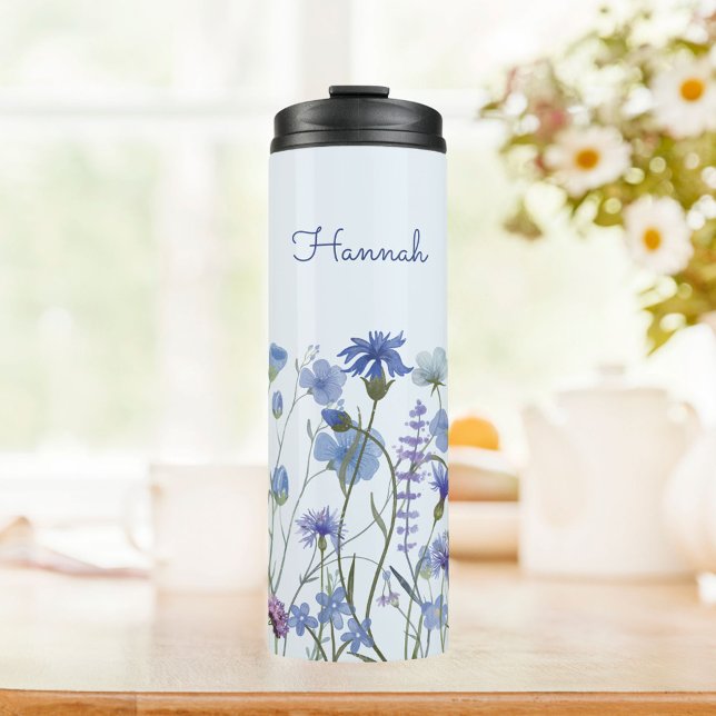Monogrammed Blue Watercolor Wildflower Meadow Thermal Tumbler (In situ)