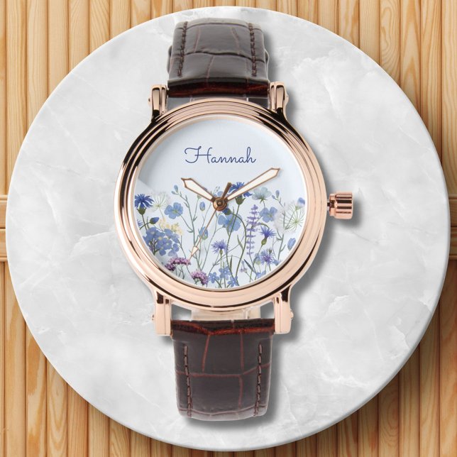 Monogrammed Blue Watercolor Wildflower Meadow Watch (Close up)