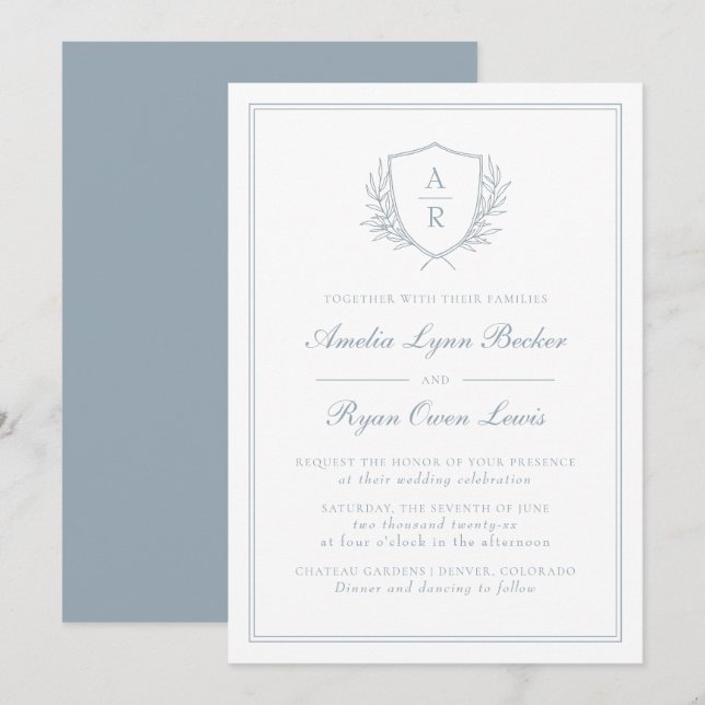 Monogrammed Blue Wedding Invitation (Front/Back)