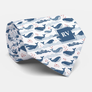 Monogrammed Blue Whales & Hearts in Waves Tie