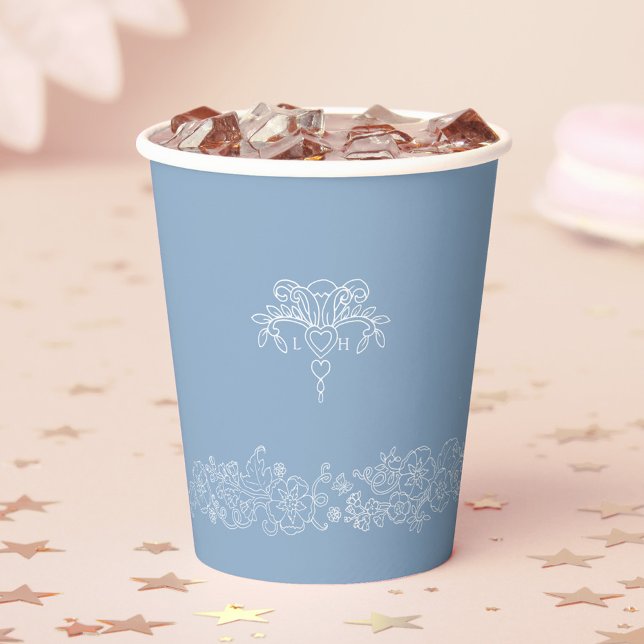 Monogrammed blue white fleur de lis wedding paper cups (Creator Uploaded)