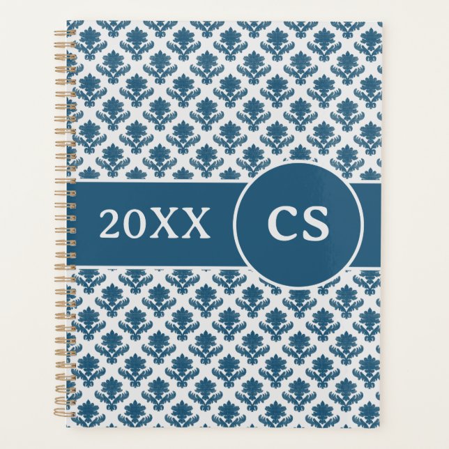 Monogrammed Blue & White French Tapestry Planner (Front)