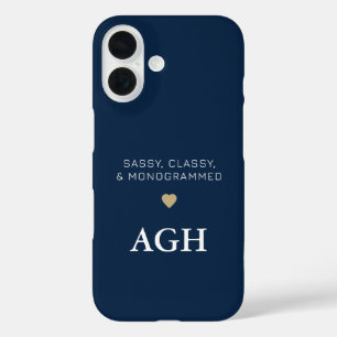 Monogrammed Blue White Funny Typography Gold Heart iPhone 16 Case
