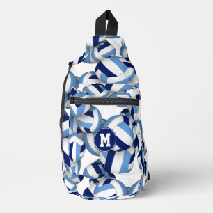 Monogrammed blue white volleyballs pattern sling bag
