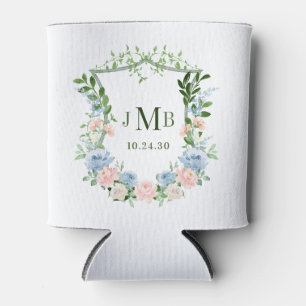 Monogrammed Blush Blue Floral Crest Wedding Can Cooler