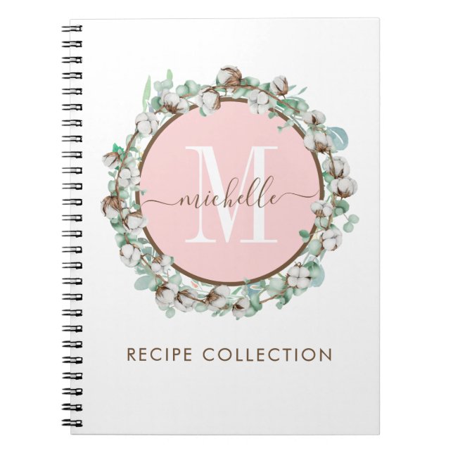 Monogrammed Blush Pink Green Floral Recipe Notebook (Front)