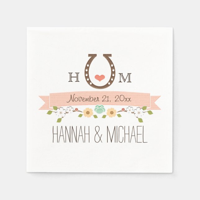 Monogrammed Blush Pink Horseshoe Heart Wedding Napkin (Front)