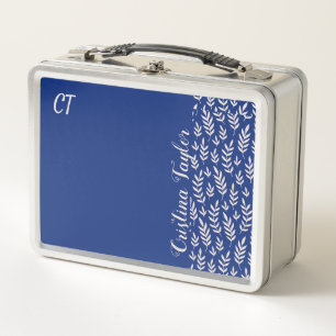 monogrammed Blush pink Leaf pattern on Blue Metal Lunch Box