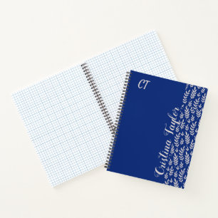 Monogrammed Blush pink Leaf pattern on Blue Notebook