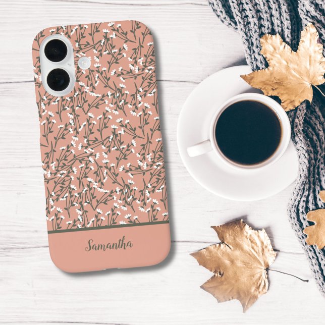 Monogrammed Boho Coral Peach Green White Floral  (Peach green and white floral monogrammed iPhone case. )