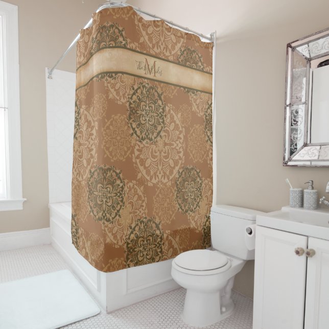 Monogrammed Boho Dark Rust Mandalas Shower Curtain (In Situ)