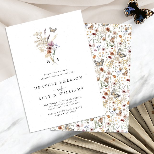 Monogrammed Boho Floral Rehearsal Dinner Invitation (Monogrammed Boho Floral Rehearsal Dinner Invitation with Butterfly by Painted Paperie
)