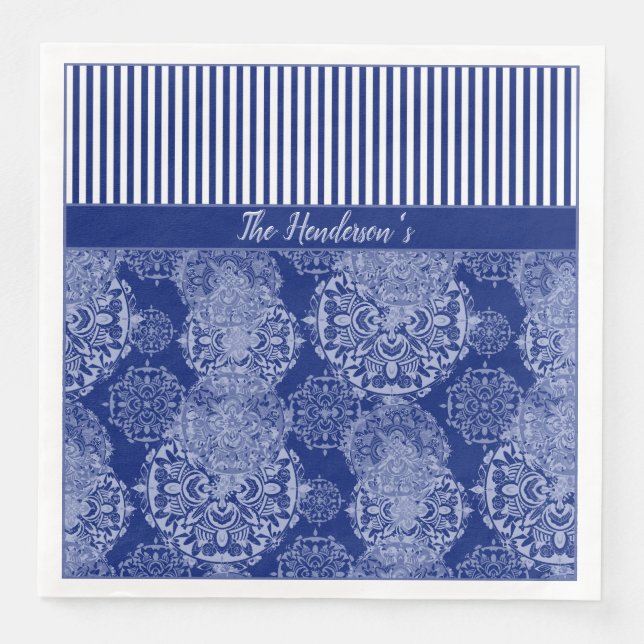 Monogrammed Boho Moody Blues Mandalas and Stripes Napkin (Front)
