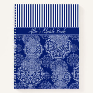 Monogrammed Boho Moody Blues Mandalas and Stripes Notebook