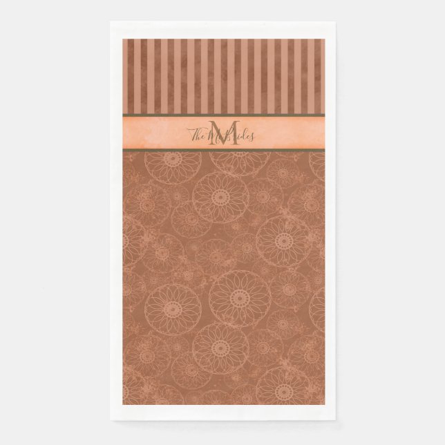 Monogrammed Boho Orange & Brown Geometric Stripe  Napkin (Front)