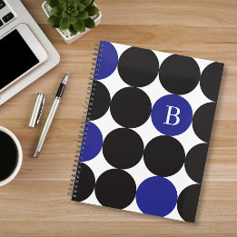 Monogrammed Bold Black Blue Dot Pattern Planner