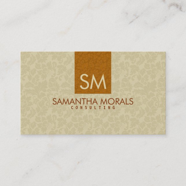 Monogrammed Bold Modern Beige & Brown Damasks Business Card (Front)