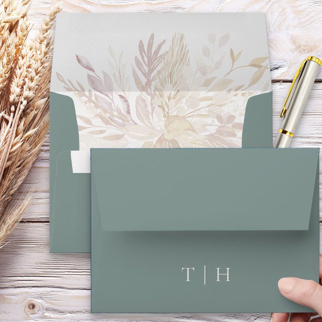 Monogrammed Botanical Foliage Sage Green Envelope (Sage Green Monogrammed Wedding Envelopes - Foliage Duet wedding collection)