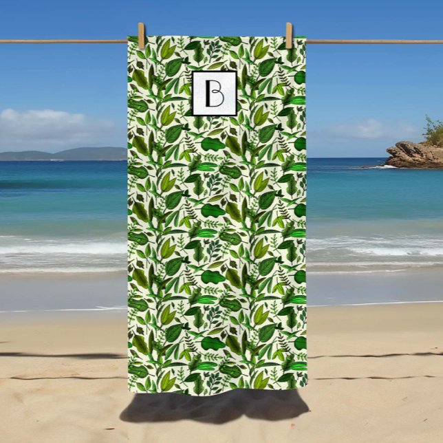 Monogrammed Botanical Green Leaves Pattern Beach Towel (Monogrammed Botanical Green Leaves Pattern Beach Towel)