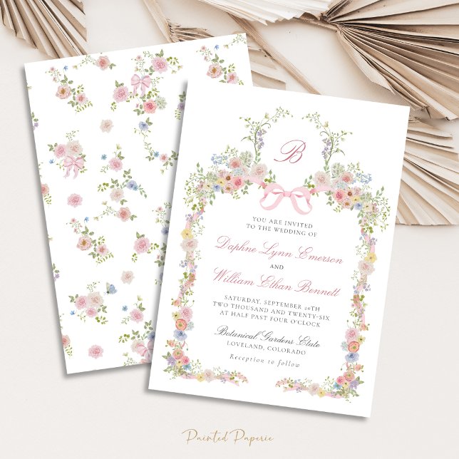 Monogrammed Bows and Wildflowers Wedding Invitation (Monogrammed Bows and Wildflowers Victorian Wedding Invitation
)