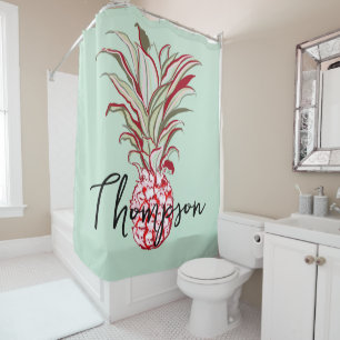 Monogrammed bright background cute pineapple blue shower curtain