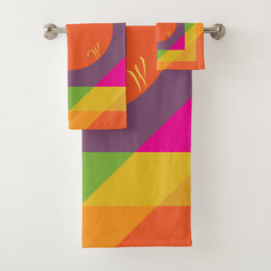 Monogrammed Bright Colourful Geometric Pattern Bath Towel Set