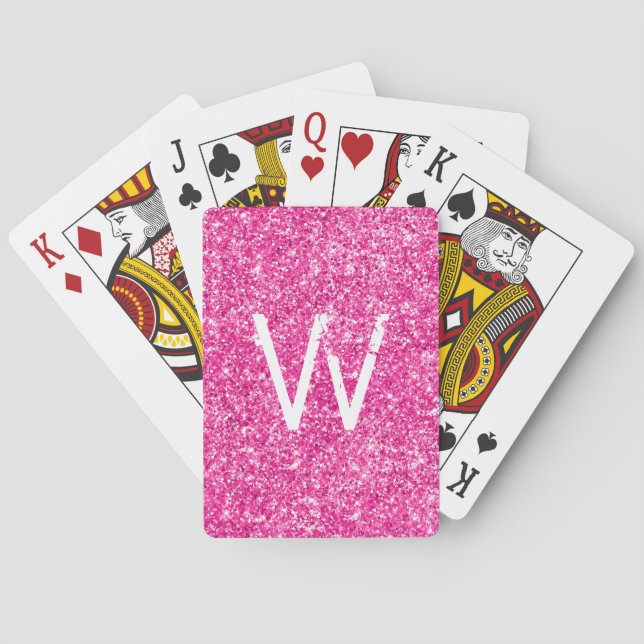 Monogrammed Bright Pink Glitter Playing Cards (Back)